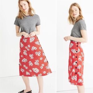 MADEWELL Daisy Society Red Floral Midi Skirt Side Button Detail Stripes Flower 0